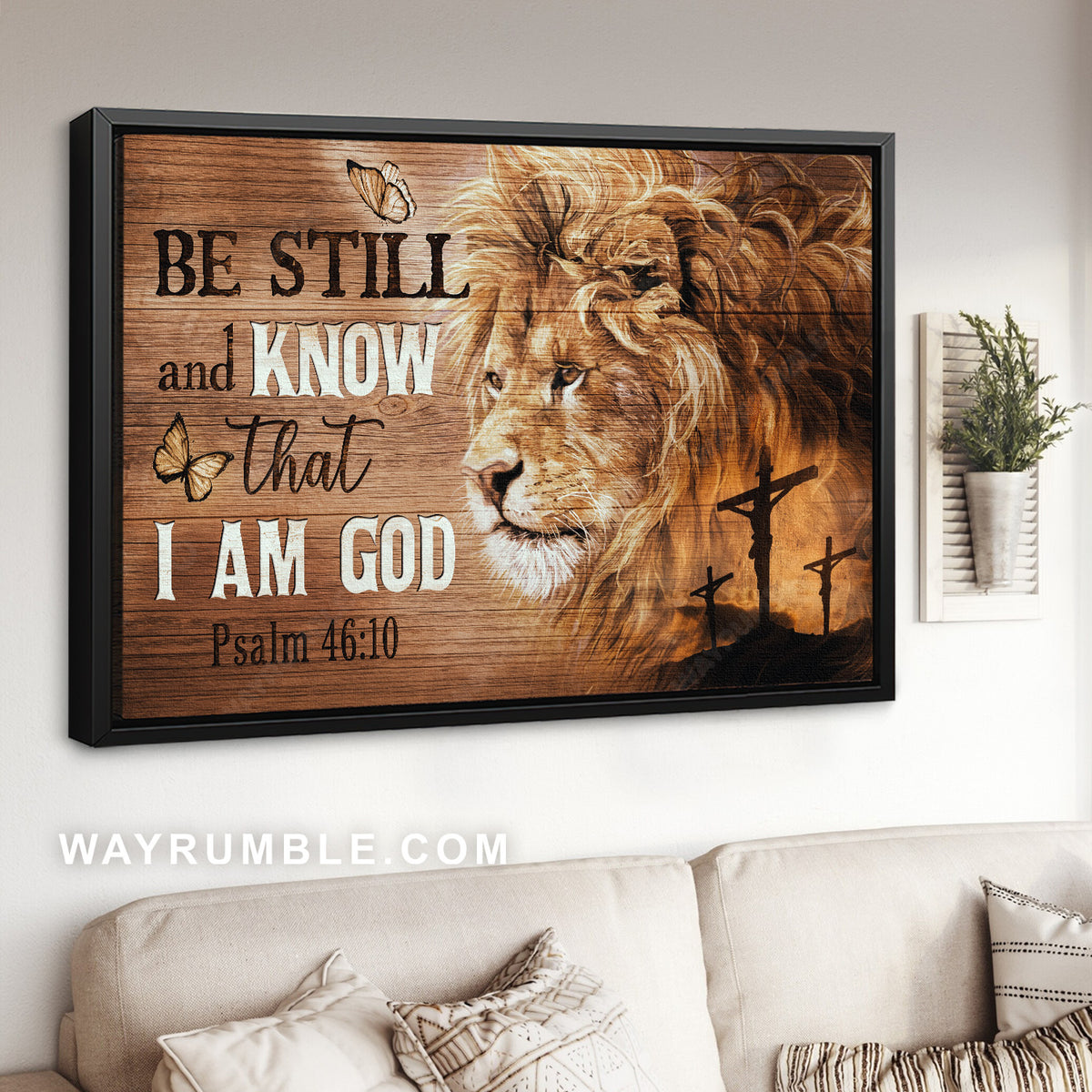 Beautiful lion, Jesus on the cross, Monarch butterfly, Be still and know I am God - Jesus Landscape Canvas Prints, Home Decor Wall Art