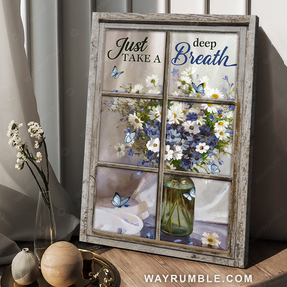 Pretty daisy vase, Blue butterfly, Just take a deep breath - Jesus Portrait Canvas Prints, Christian Wall Art