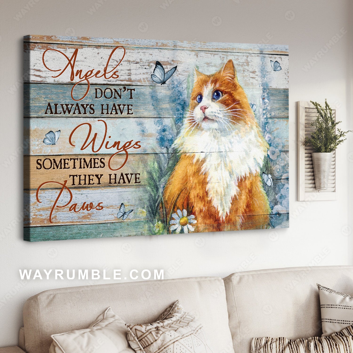 Watercolor cat, Blue butterfly, Angels don't always have wings - Jesus Landscape Canvas Prints, Home Decor Wall Art