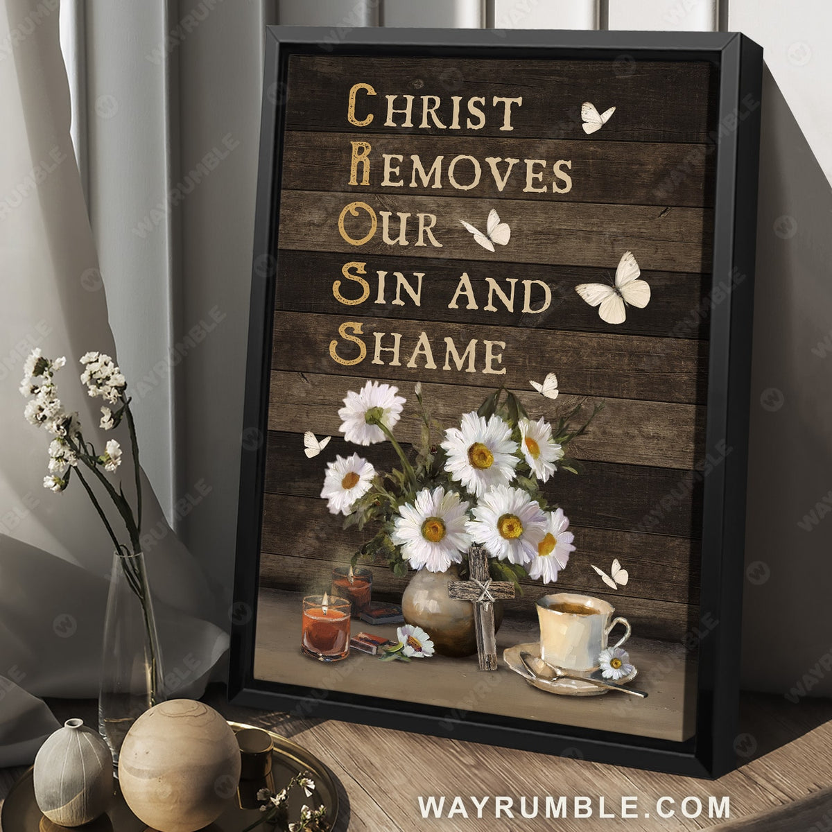 Daisy drawing, Coffee cup, White butterfly, Christ removes our sin and shame - Jesus Portrait Canvas Prints, Christian Wall Art