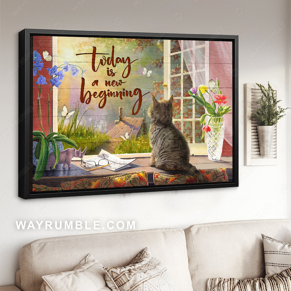Cute cat, Peace garden, Sunny day, Today is a new beginning - Jesu Landscape Canvas Prints, Christian Wall Art