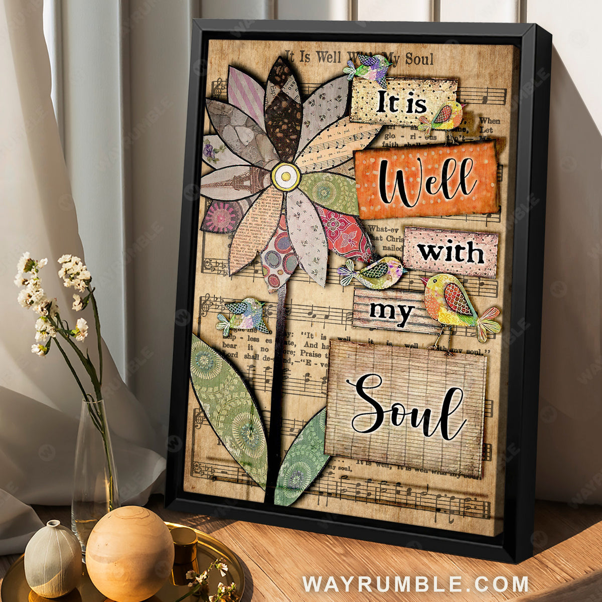 Wooden flower, Little bird, Music sheet, It is well with my soul - Jesus Portrait Canvas Prints, Christian Wall Art