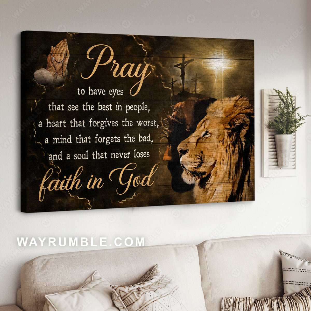 Stunning lion, Light cross, Pray for healing, Never loses faith in God - Jesus Landscape Canvas Prints, Home Decor Wall Art