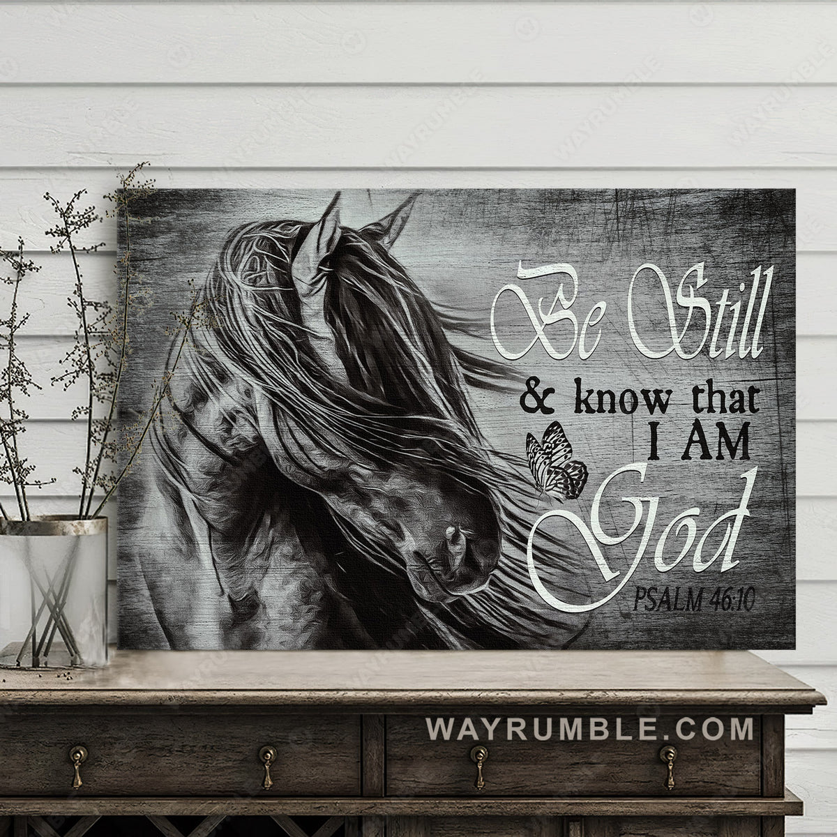 Black and white painting, Stunning horse, Be still and know that I am God - Jesus Landscape Canvas Prints, Christian Wall Art