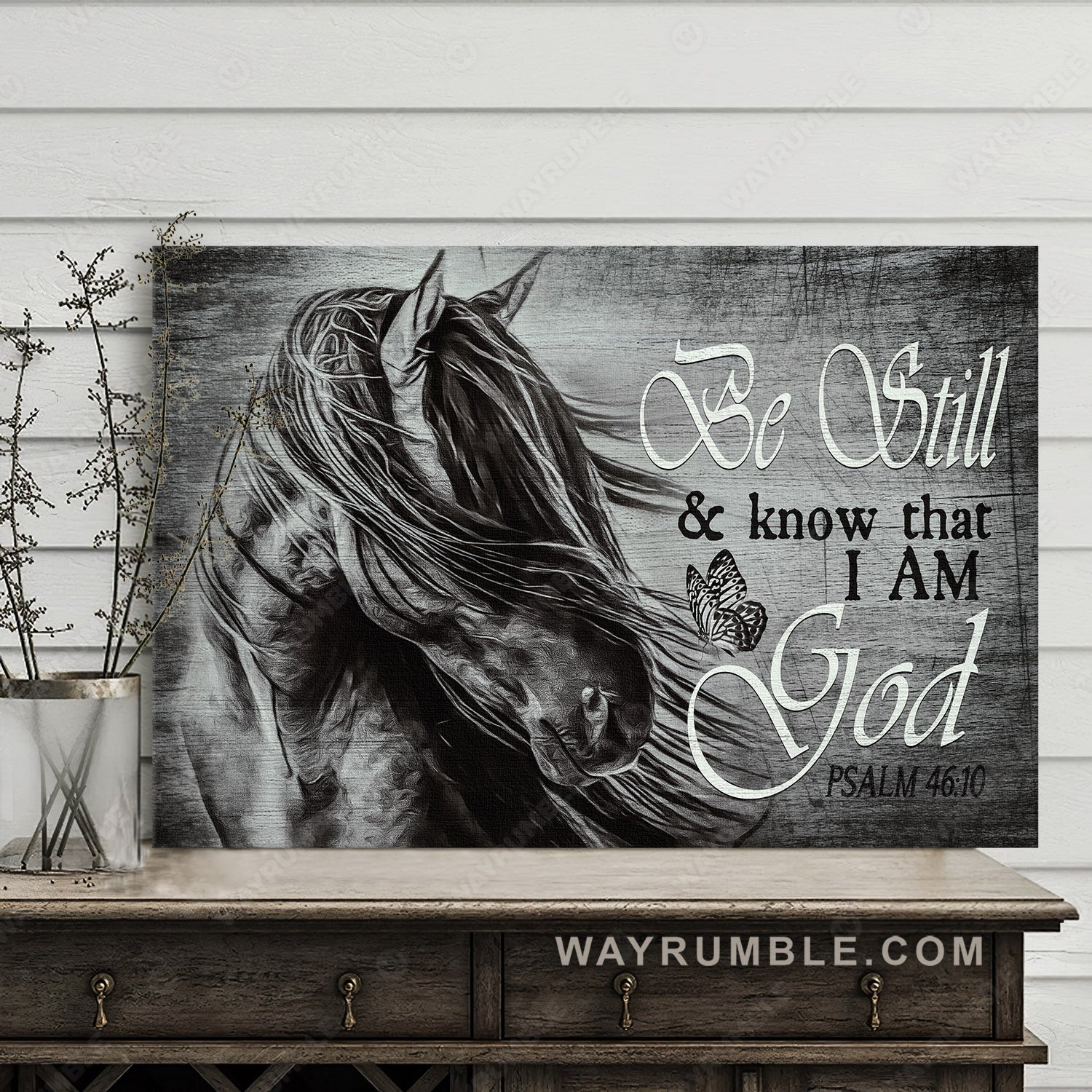 Black and white painting, Stunning horse, Be still and know that I am God - Jesus Landscape Canvas Prints, Christian Wall Art