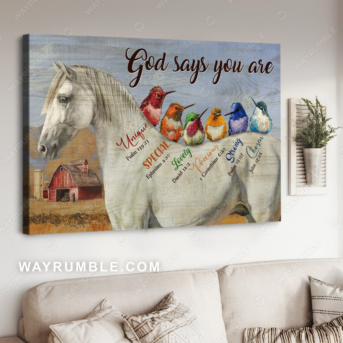 White horse, Colorful hummingbird, God says you are unique - Jesus Landscape Canvas Prints, Christian Wall Art