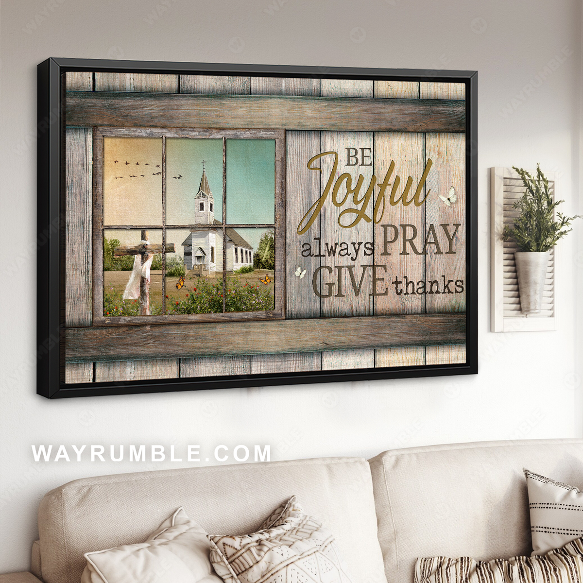White church drawing, Colorful sunset, Antique window, Be joyful, Always pray, Give thanks - Jesus Landscape Canvas Prints, Wall Art
