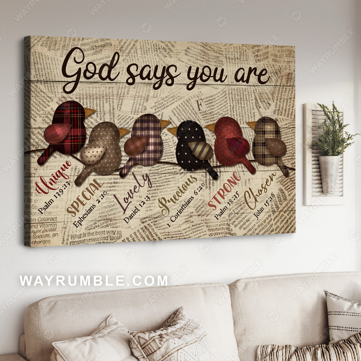 Cute bird drawing, Newspaper background, God says you are unique - Jesus Landscape Canvas Prints, Christian Wall Art