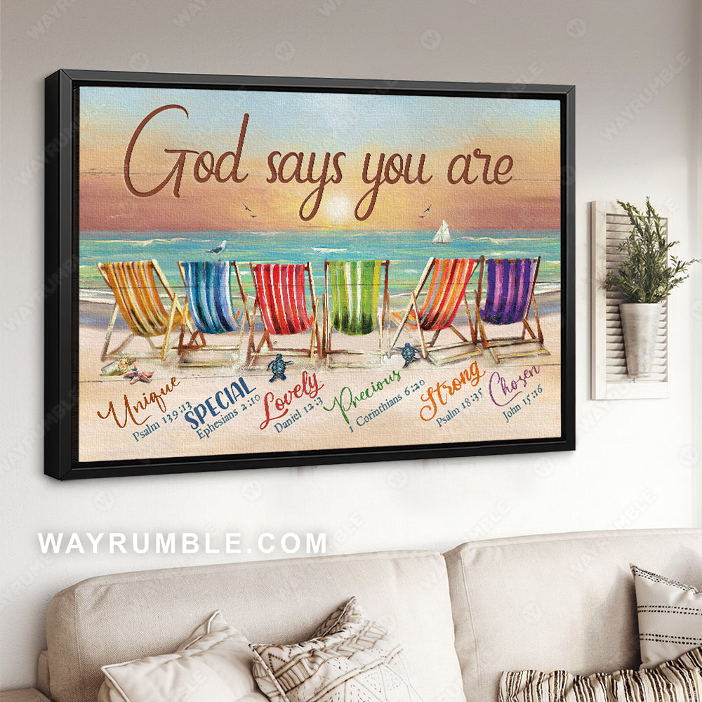 Summer vibe, Beautiful sunset, Colorful chair, God says you are unique - Jesus Landscape Canvas Prints, Christian Wall Art