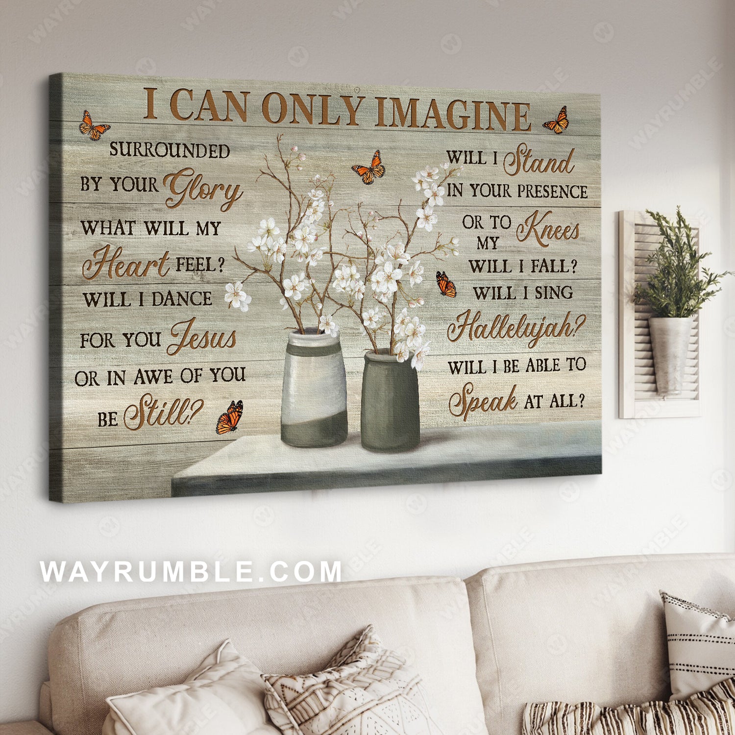 White flower vase, Monarch butterfly, Flower drawing, I can only imagine - Jesus Landscape Canvas Prints, Home Decor Wall Art