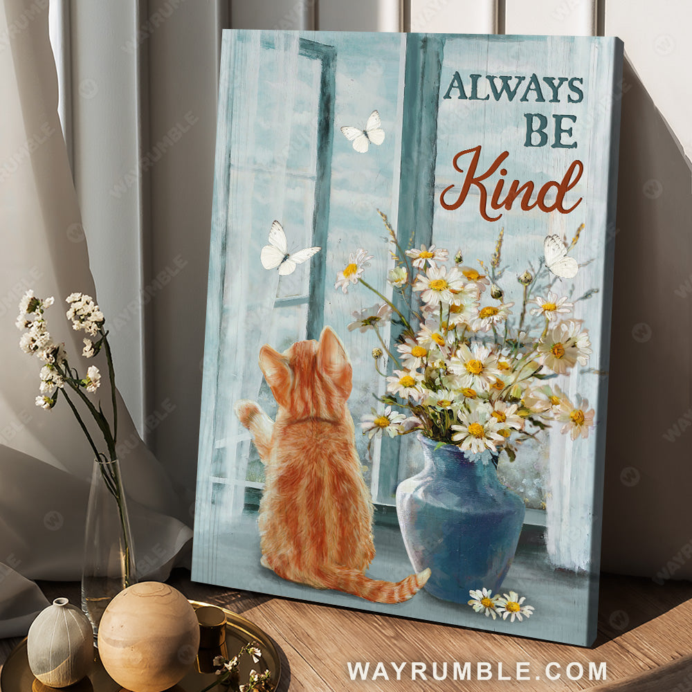 Little cat, Blue sky, Daisy flower, Butterfly, Always be kind - Jesus Portrait Canvas Prints, Christian Wall Art