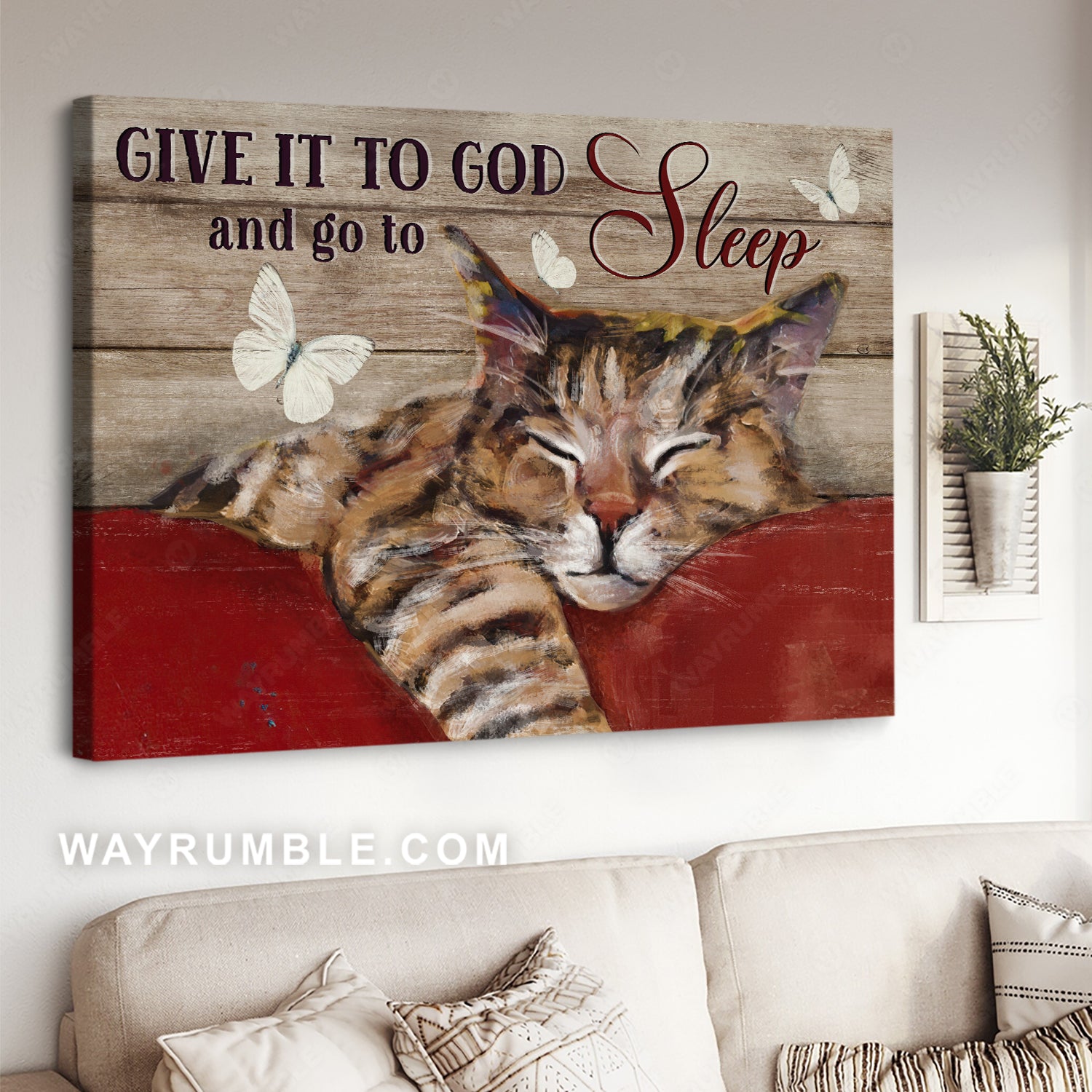 Sleeping cat, Sweet drawing, Butterfly, Give it to God and go to sleep - Jesus Landscape Canvas Prints, Christian Wall Art