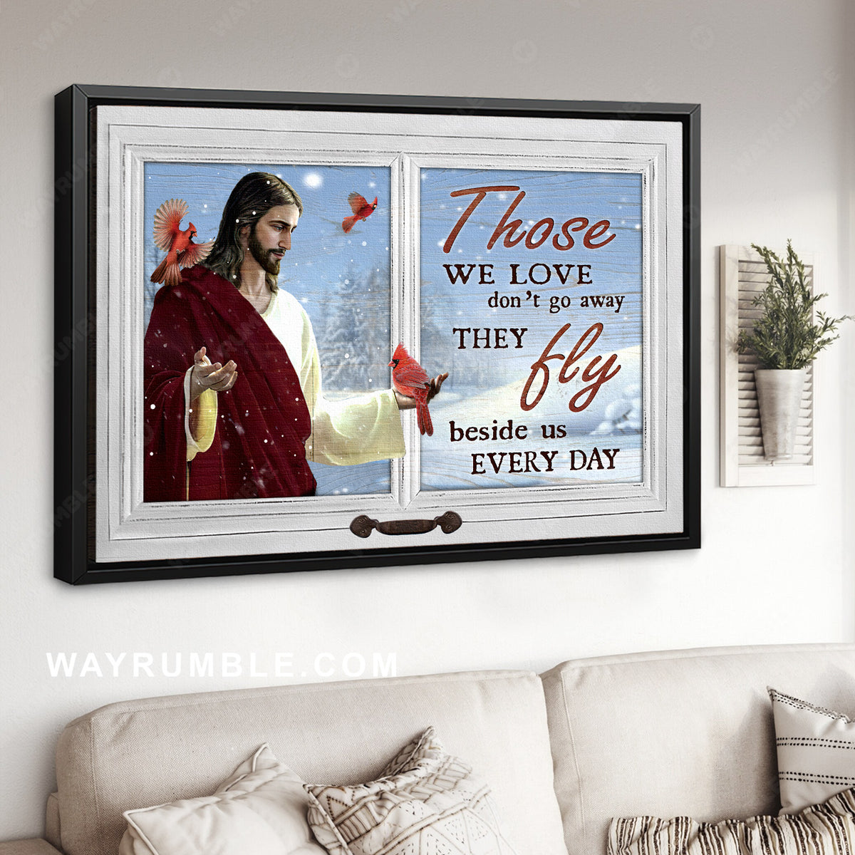 Jesus calls, Red cardinal, Winter painting, Those we love don&#39;t go away - Jesus Landscape Canvas Prints, Home Decor Wall Art