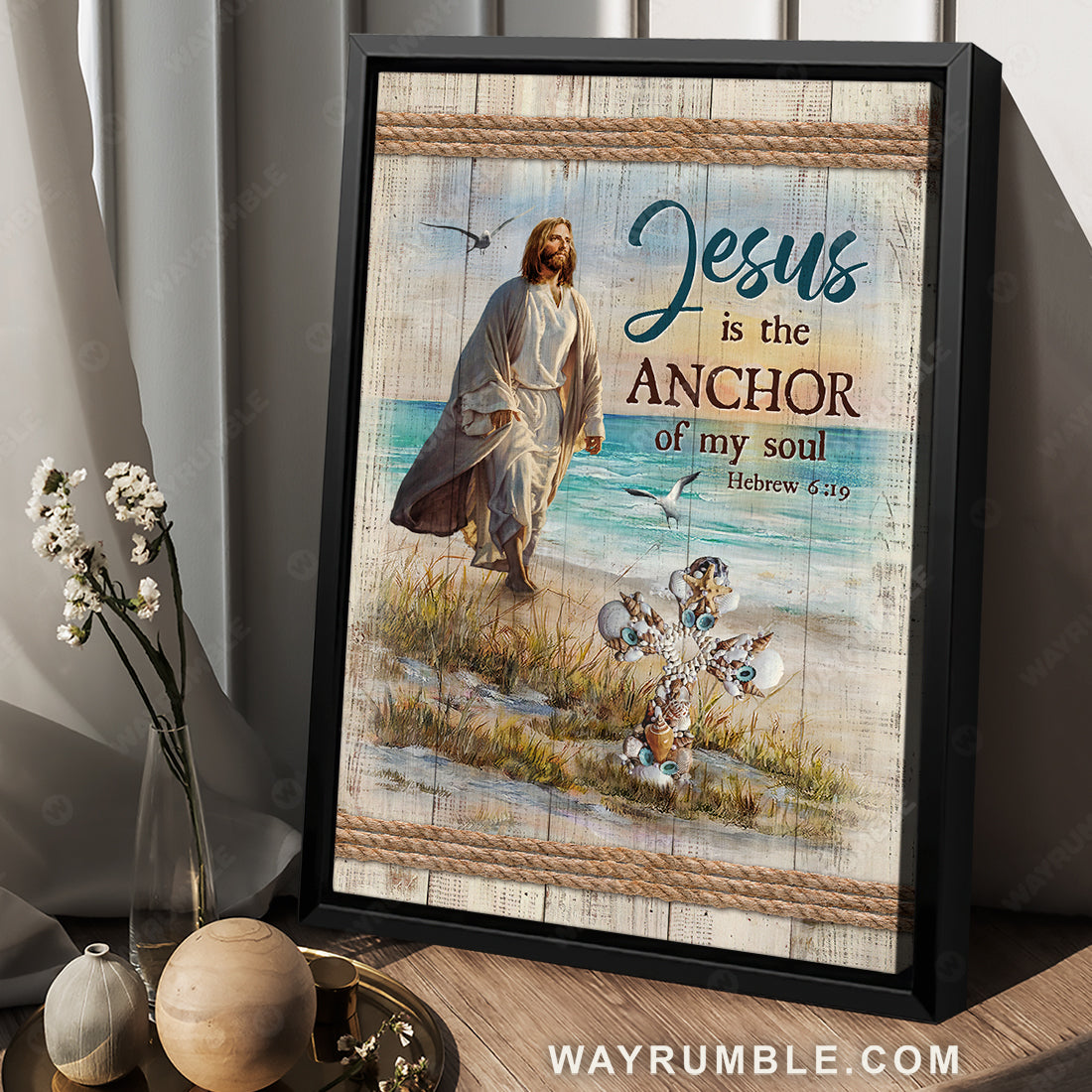 Walking with Jesus, Beach drawing, Jesus is the anchor of my soul - Jesus Portrait Canvas Prints, Christian Wall Art