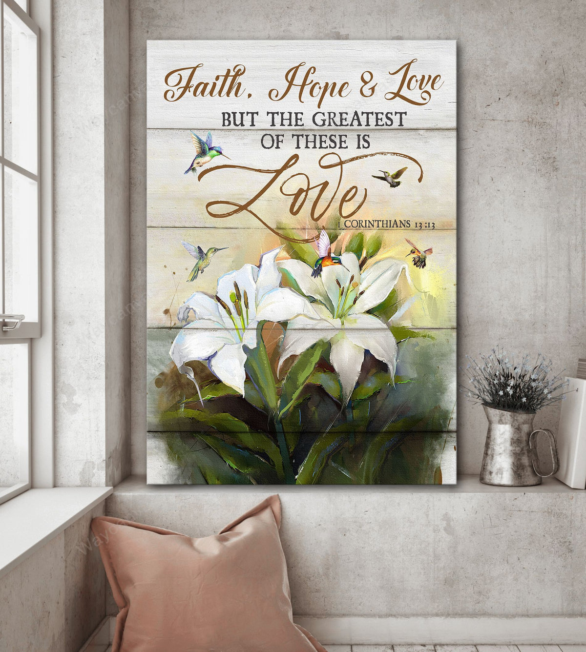 Hummingbirds, White lilies, Faith, hope, love - Jesus Portrait Canvas Prints, Wall Art