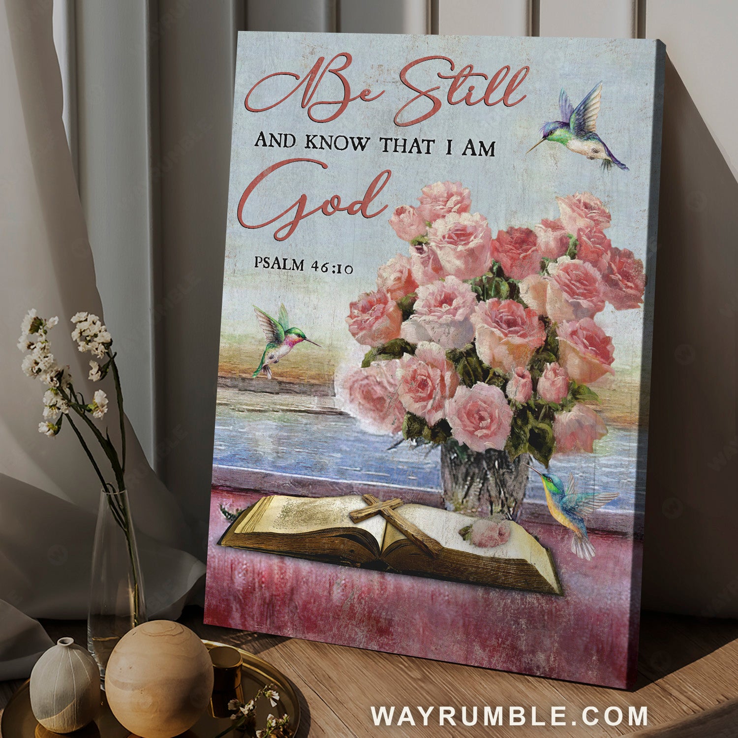 Beautiful rose vase, Cute hummingbird, Be still and know that I am God - Jesus Portrait Canvas Prints, Christian Wall Art
