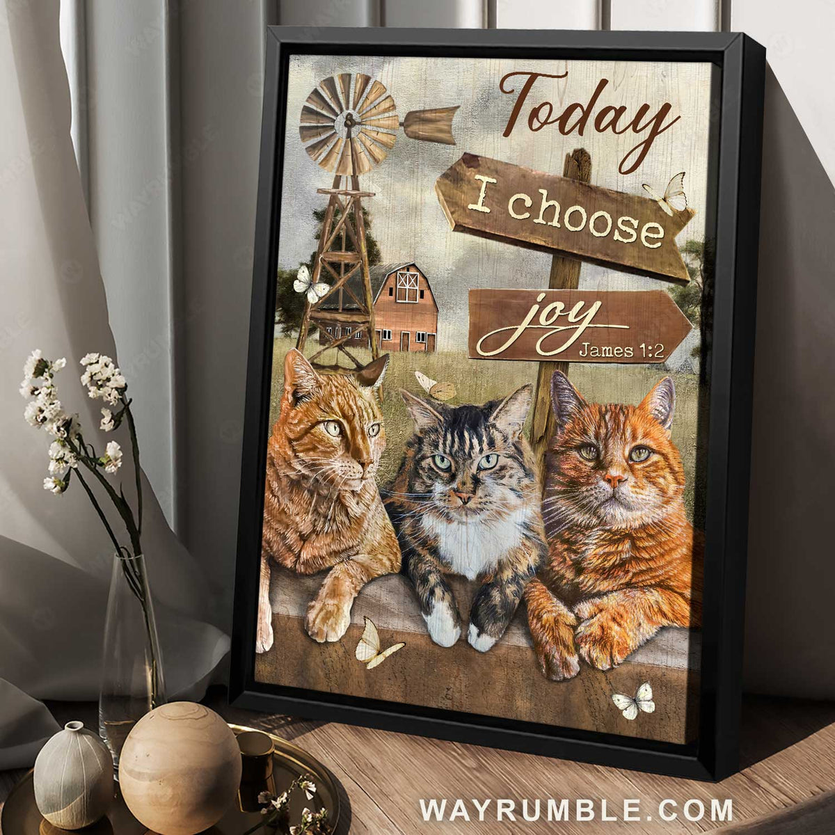 Angry cat, Green farm, Wooden sign, Windmill, Today I choose joy - Jesus Portrait Canvas Prints, Christian Wall Art