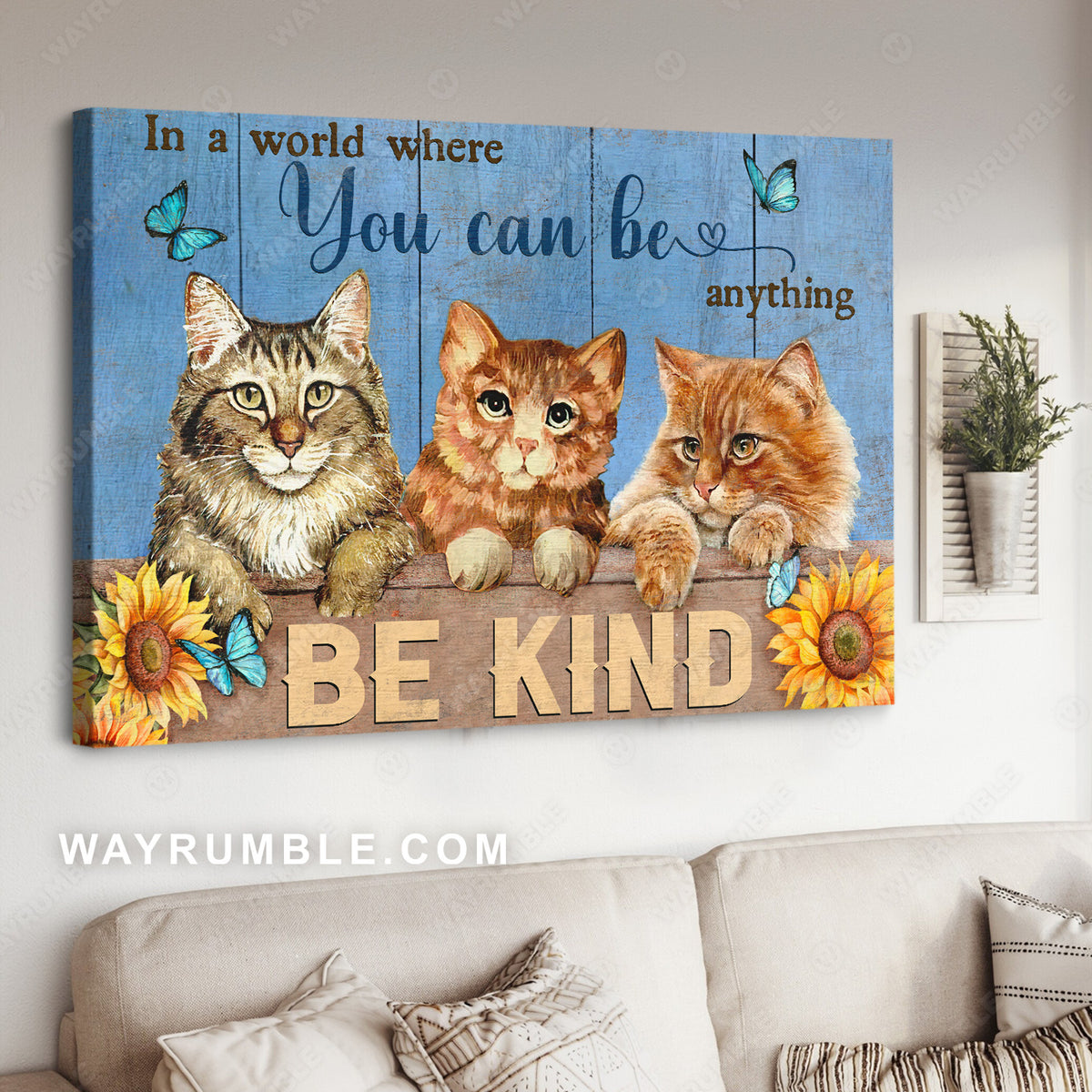 Brown cat, Sunflower, In a world where you can be anything - Jesus Landscape Canvas Prints, Christian Wall Art