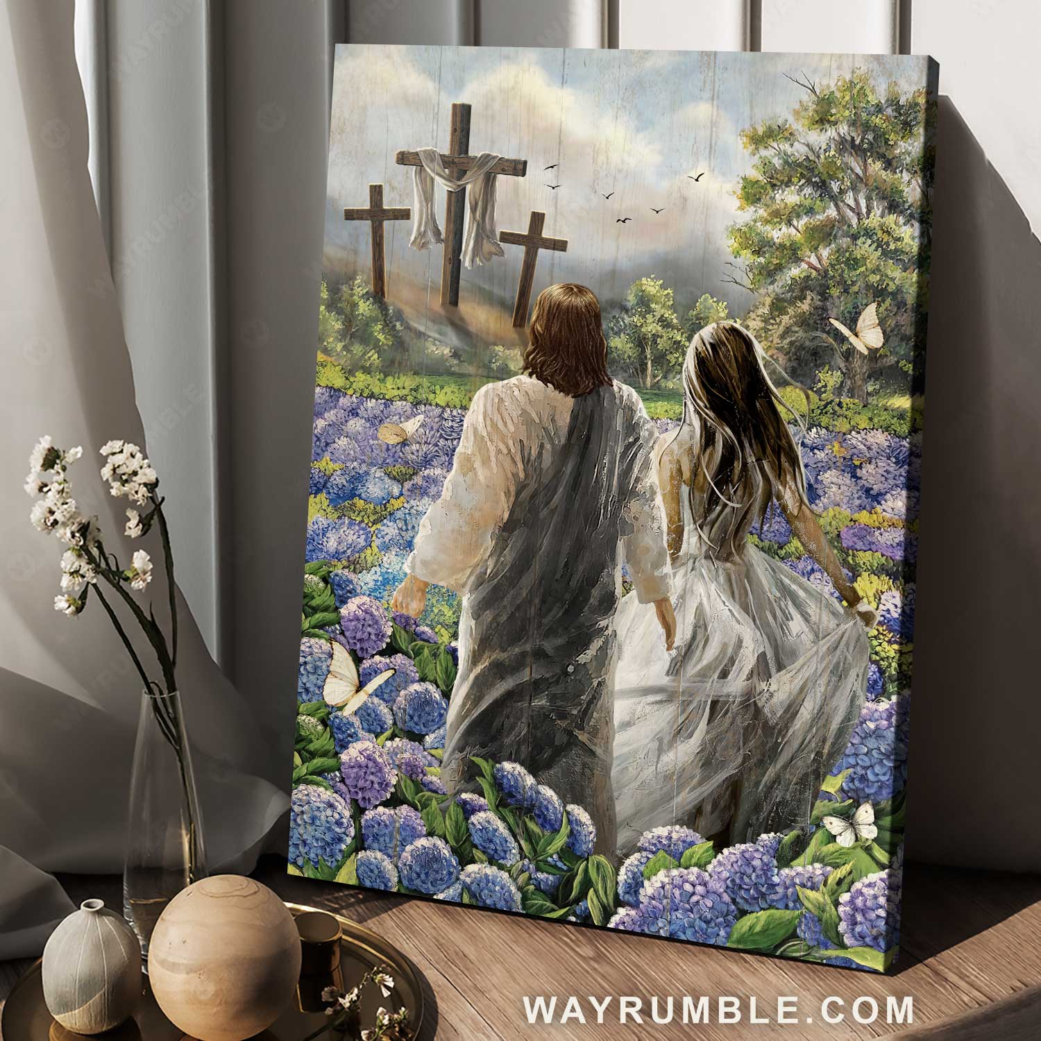 Beautiful flower field, Purple hydrangea, Walking with Jesus, Pretty girl - Jesus Portrait Canvas Prints, Home Decor Wall Art