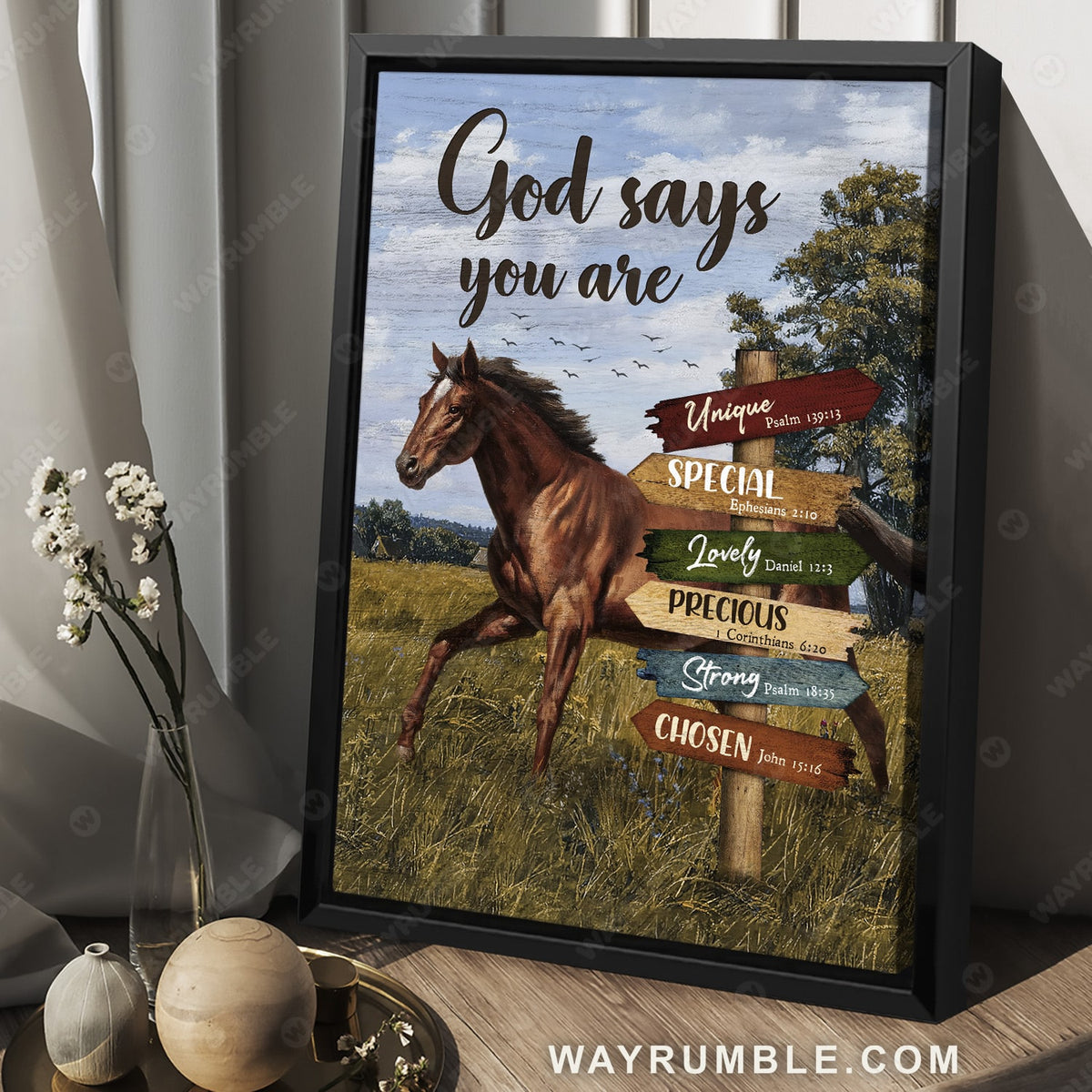Green meadow, Running horse, God says you are unique - Jesus Portrait Canvas Prints, Christian Wall Art