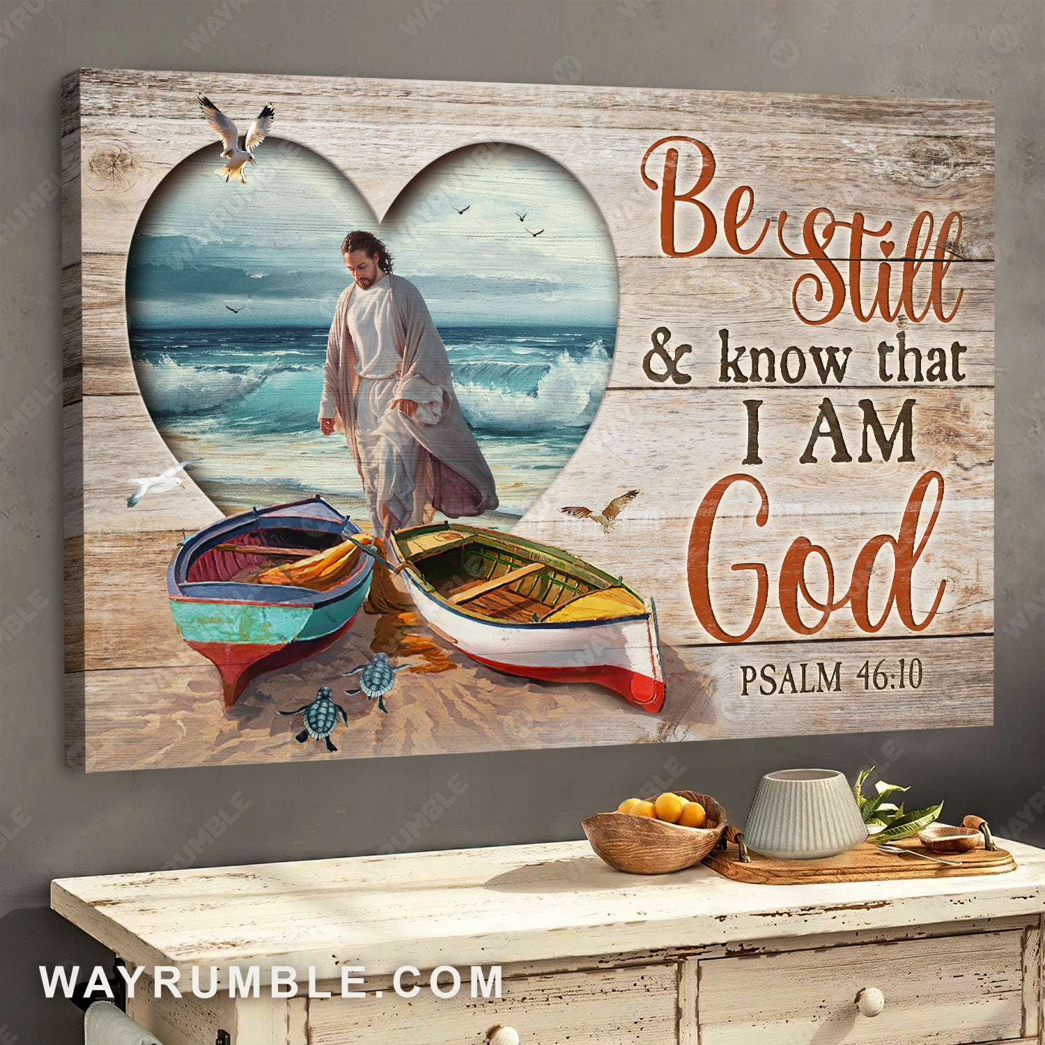Colorful boat, Jesus walking on water, Heart, Be still and know that I am God - Jesus Landscape Canvas Prints, Christian Wall Art
