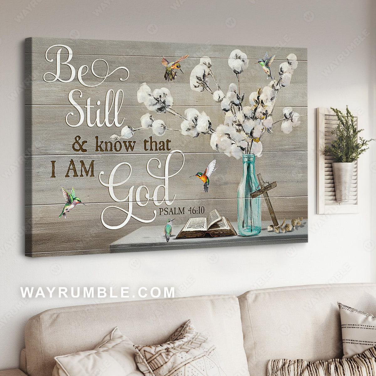 Beautiful cotton flower, Blue bottle, Hummingbird, Be still and know that  I am God - Jesus Landscape Canvas Prints, Home Decor Wall Art