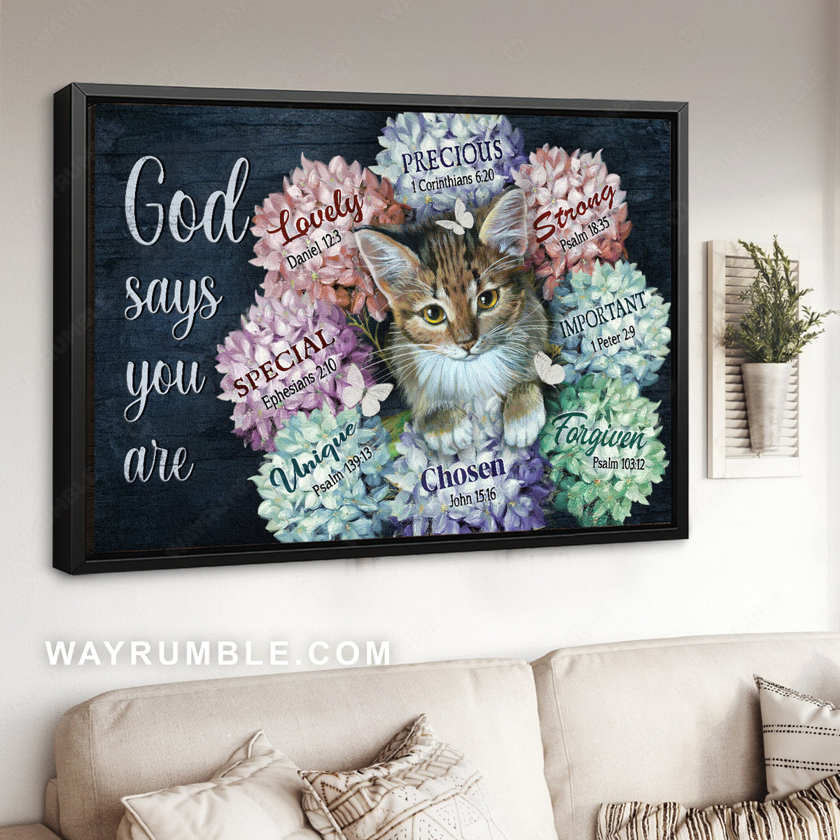 Amazing cat, Colorful hydrangea, Butterfly, God says you are unique - Jesus Landscape Canvas Prints, Christian Wall Art
