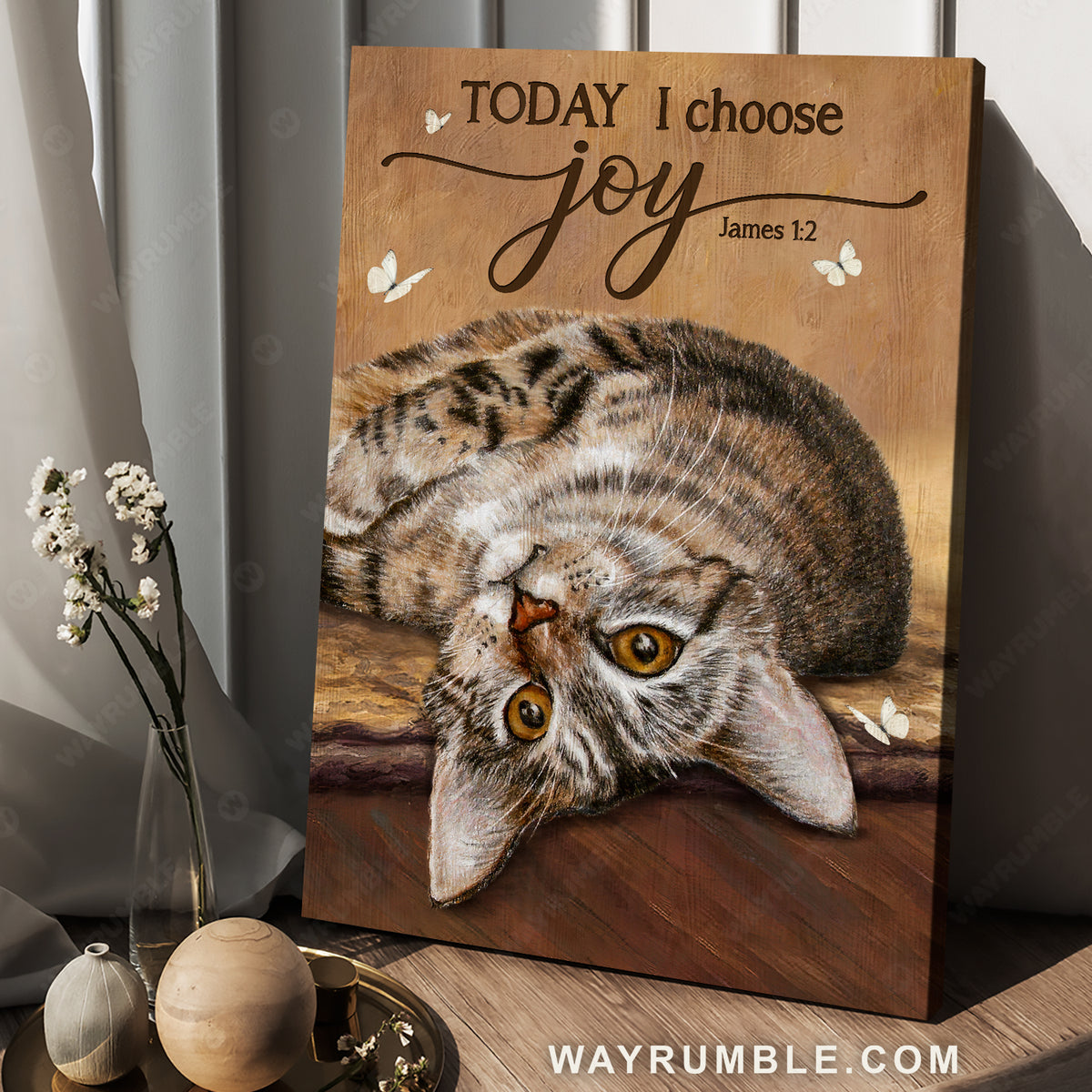 Cat painting, Cute cat, White butterfly, Today I choose joy - Jesus Portrait Canvas Prints, Home Decor Wall Art