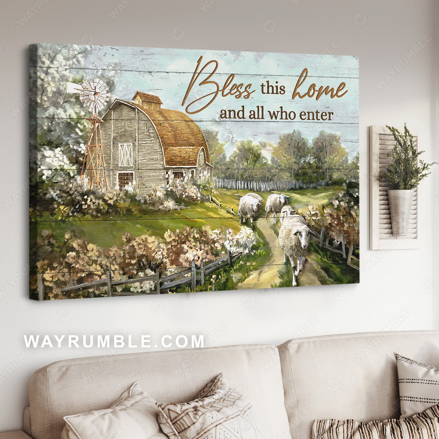 Beautiful farm, Sheep drawing, Vintage house, Bless this house - Jesus Landscape Canvas Prints, Christian Wall Art