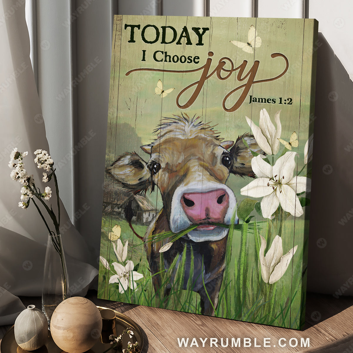 Countryside drawing, Cute cow, White lily flower, Today I choose joy - Jesus Portrait Canvas Prints, Christian Wall Art