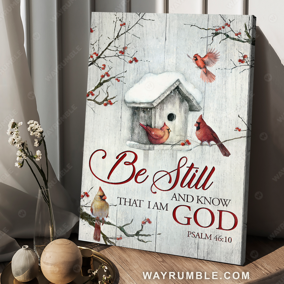 Red cardinal, Snow birdhouse, Winter forest, Be still and know that I am God - Jesus Portrait Canvas Prints, Christian Wall Art
