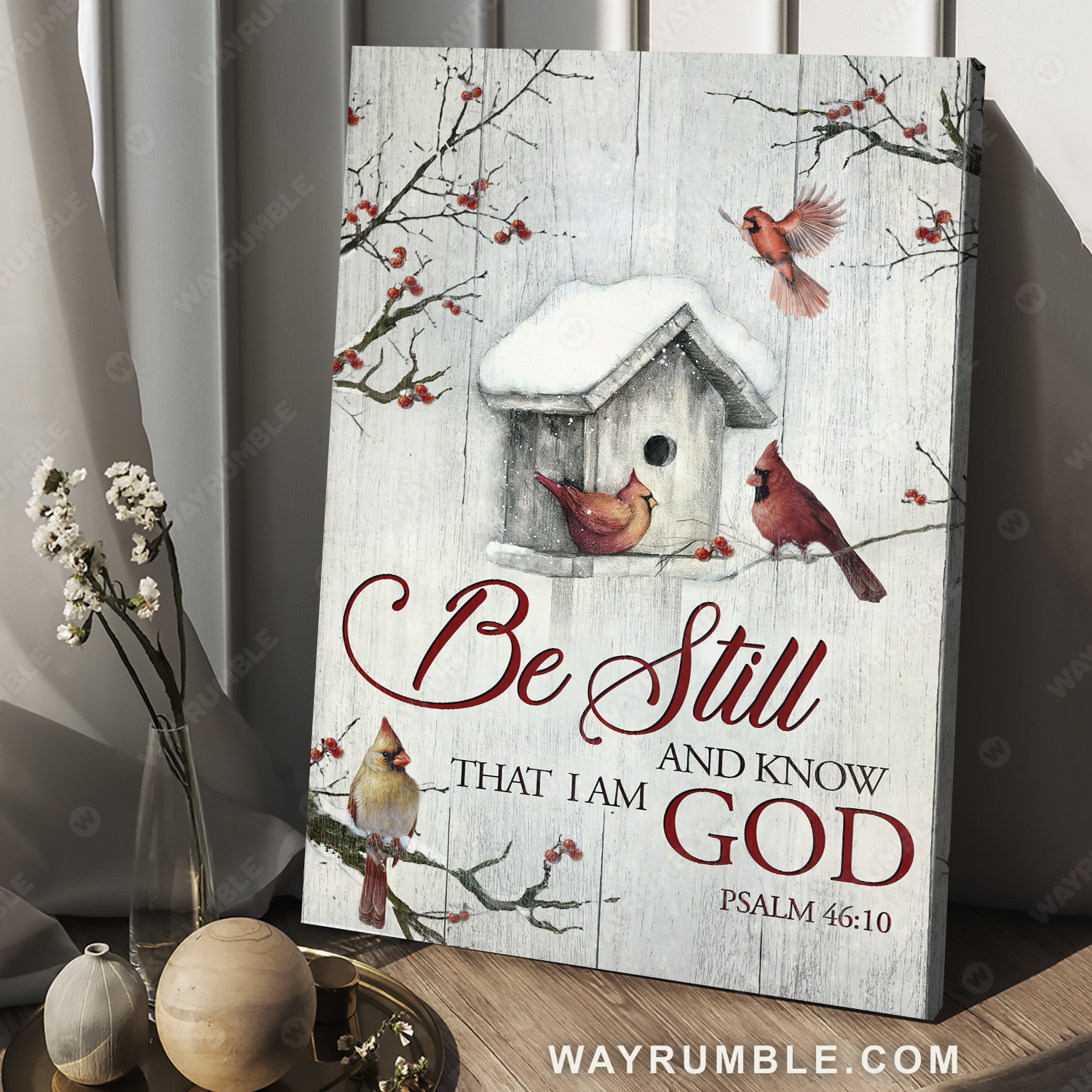 Red cardinal, Snow birdhouse, Winter forest, Be still and know that I am God - Jesus Portrait Canvas Prints, Christian Wall Art
