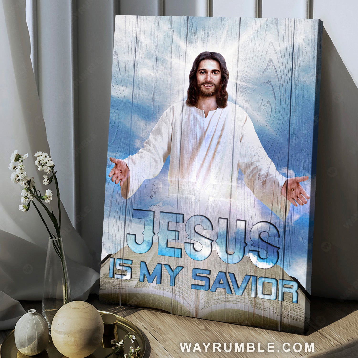 Drawing of Jesus, Blue sky painting, White halo, Jesus is my savior - Jesus Portrait Canvas Prints, Home Decor Wall Art