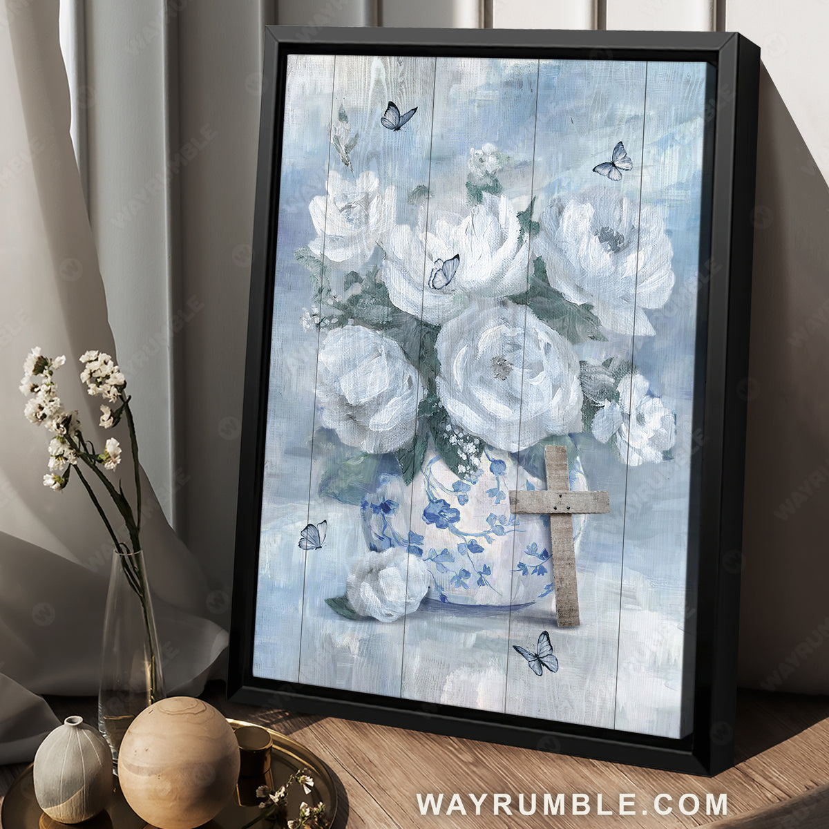 White rose vase, Beautiful painting, Pretty cross, Still life artwork - Jesus Portrait Canvas Prints, Home Decor Wall Art