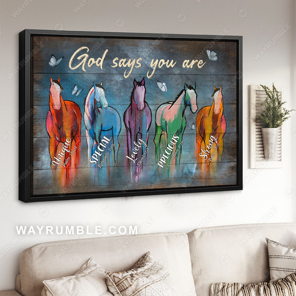 Colorful horses, Blue butterfly, God says you are unique - Jesus Landscape Canvas Prints, Christian Wall Art