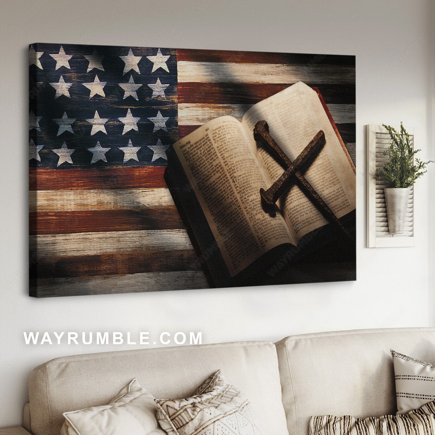 Vintage bible, Stunning cross, US flag background, Jesus drawing - Jesus Landscape Canvas Prints, Home Decor Wall Art