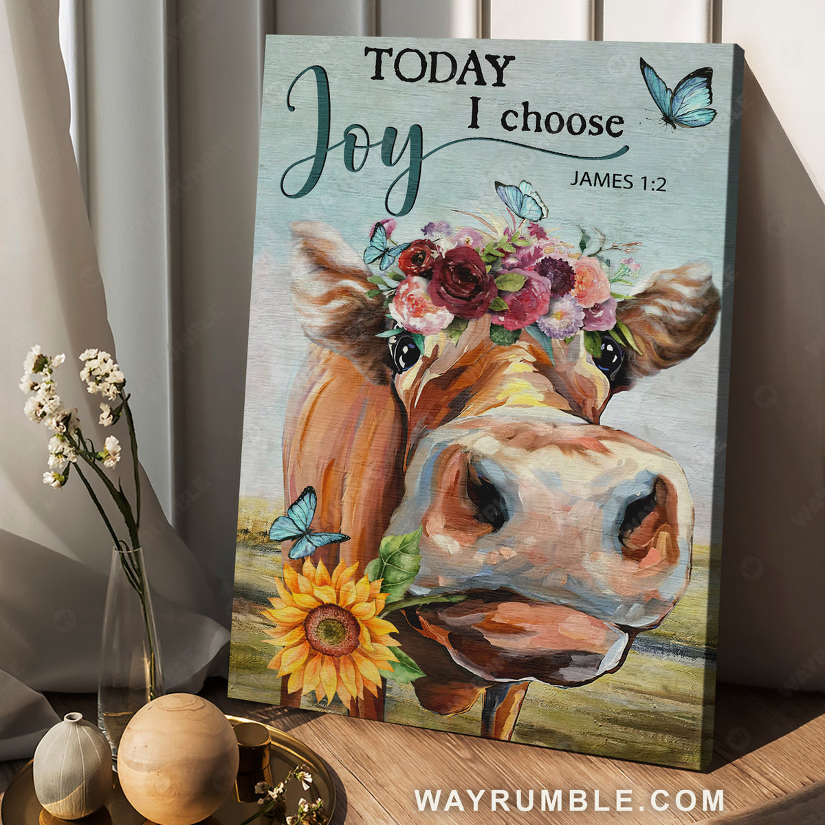 Watercolor cow, Flower wreath, Green meadow, Today I choose joy - Jesus Portrait Canvas Prints, Christian Wall Art