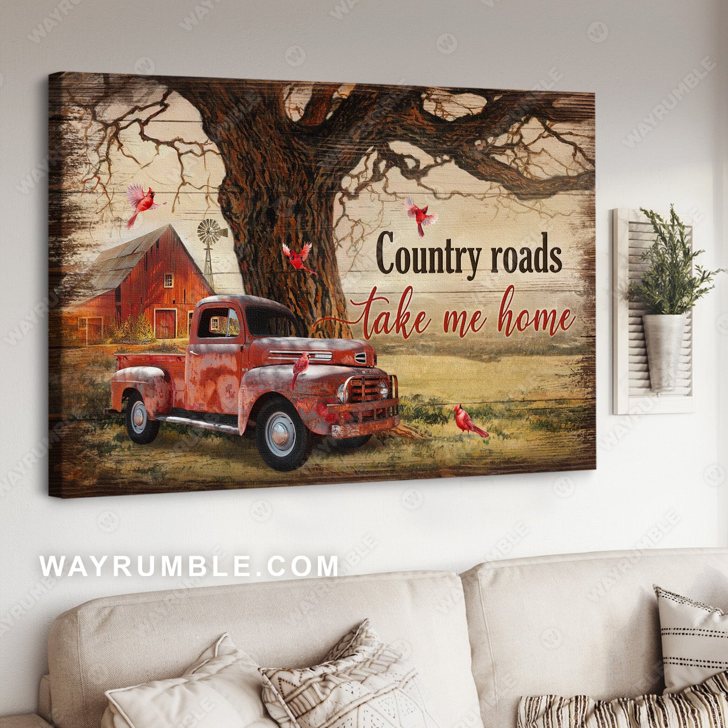 Ladybug car, Red cardinal, Countryside painting, Country roads take me home - Jesus Landscape Canvas Prints, Christian Wall Art