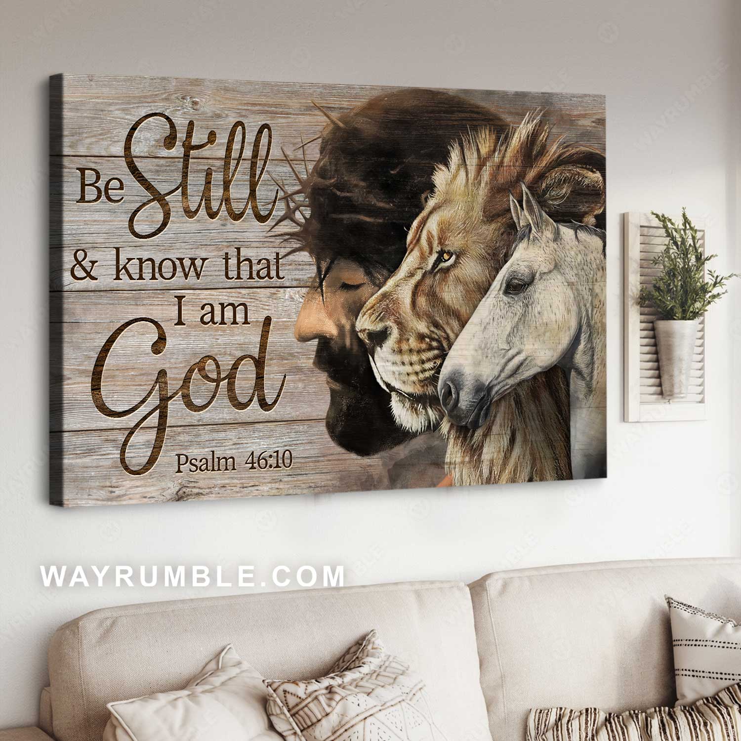 Animal with Jesus, Lion painting, Little horse, Be still and know that I am God - Jesus Landscape Canvas Prints, Home Decor Wall Art