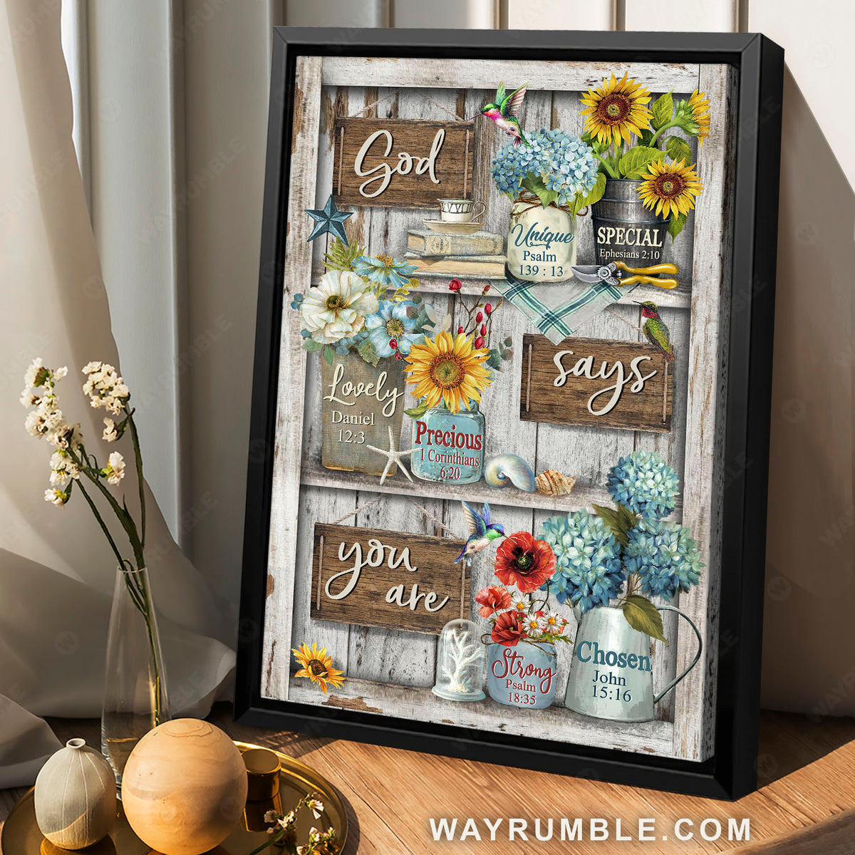 Lovely flower garden, Colorful hummingbird, Red poppy, God says you are unique - Jesus Portrait Canvas Prints, Christian Wall Art