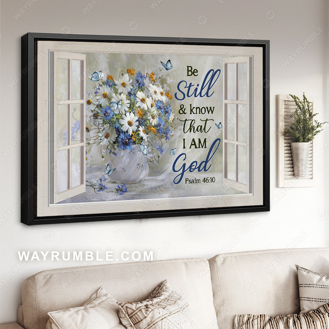 Watercolor daisy, Blue flower, Pretty butterfly, Be still and know that I am God - Jesus Landscape Canvas Prints, Christian Wall Art