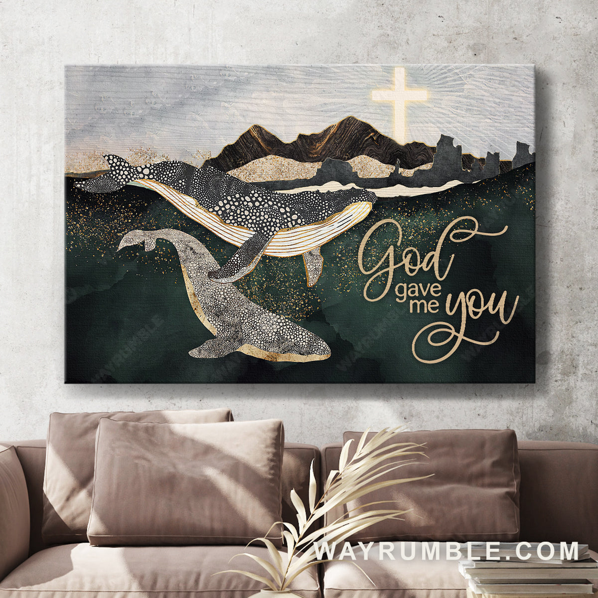 Stunning whale, Deep ocean, Light cross, God gave me you - Jesus Landscape Canvas Prints, Christian Wall Art
