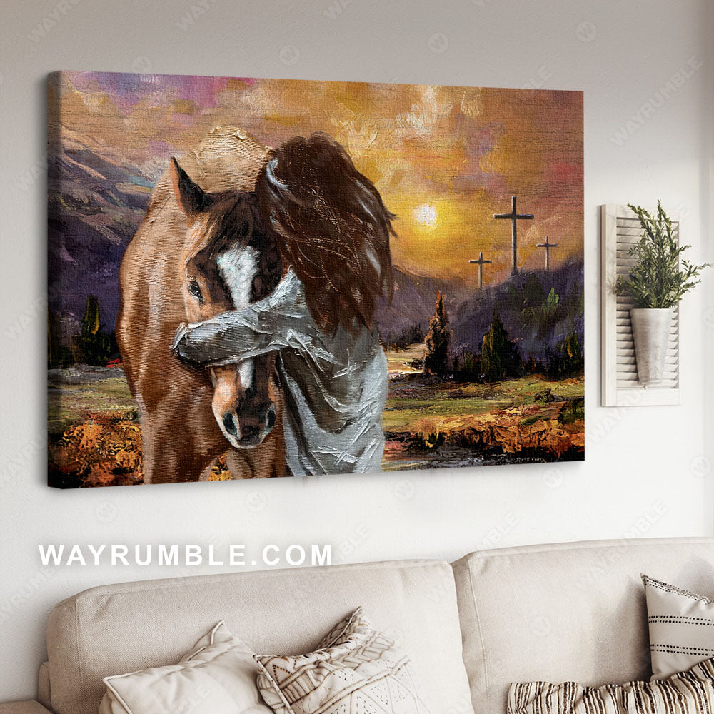 Dream horse, Orange sunset, Peaceful drawing, Beautiful mountain - Jesus Landscape Canvas Prints, Christian Wall Art