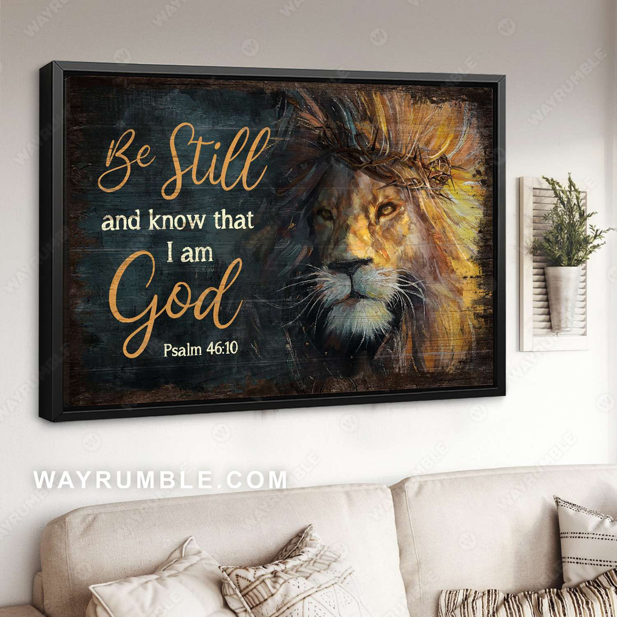 Strong lion, Black background, Be still and know that I am God - Jesus Landscape Canvas Prints, Christian Wall Art