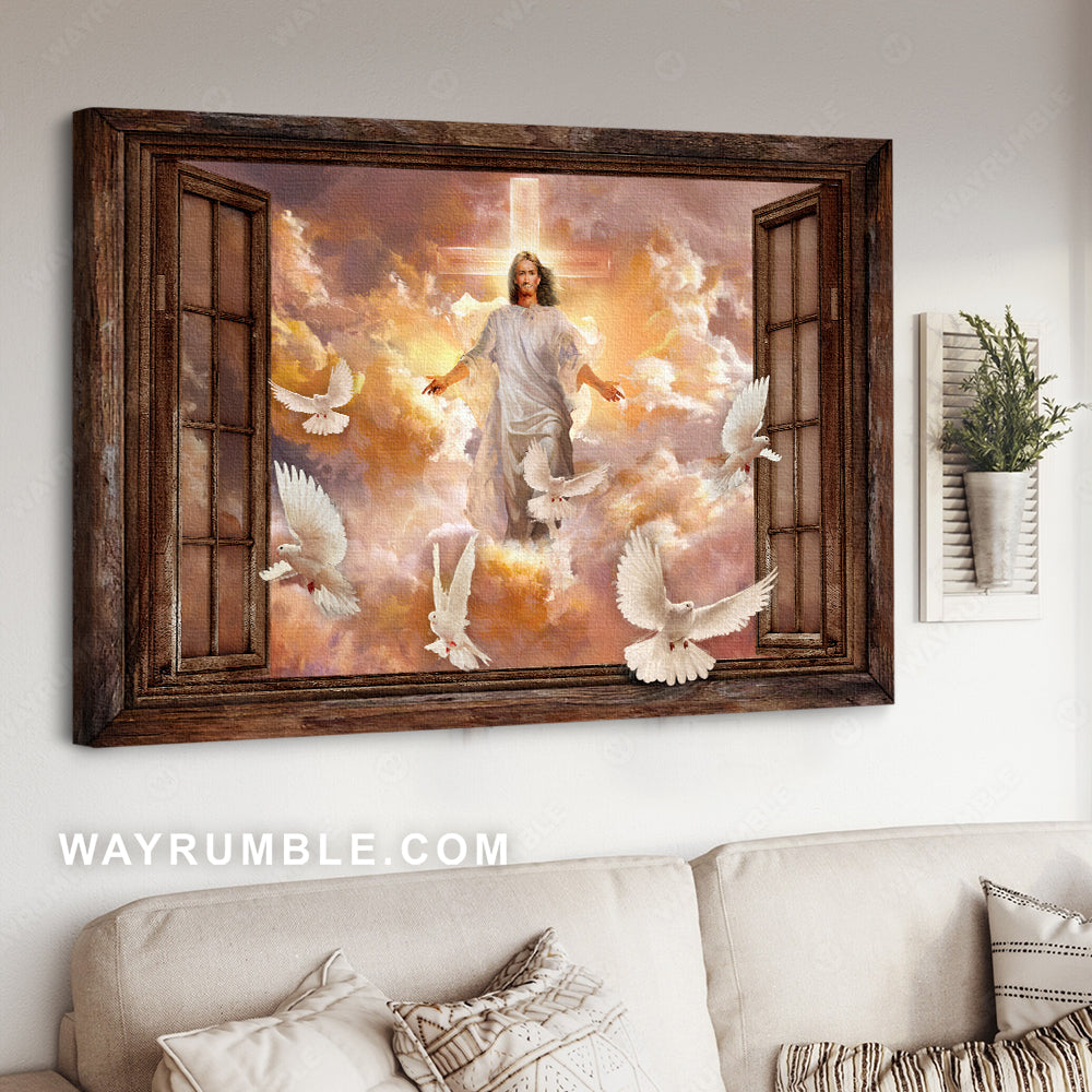 Walking with Jesus, Beautiful dove, Cross symbol, White cloud - Jesus Landscape Canvas Prints, Christian Wall Art