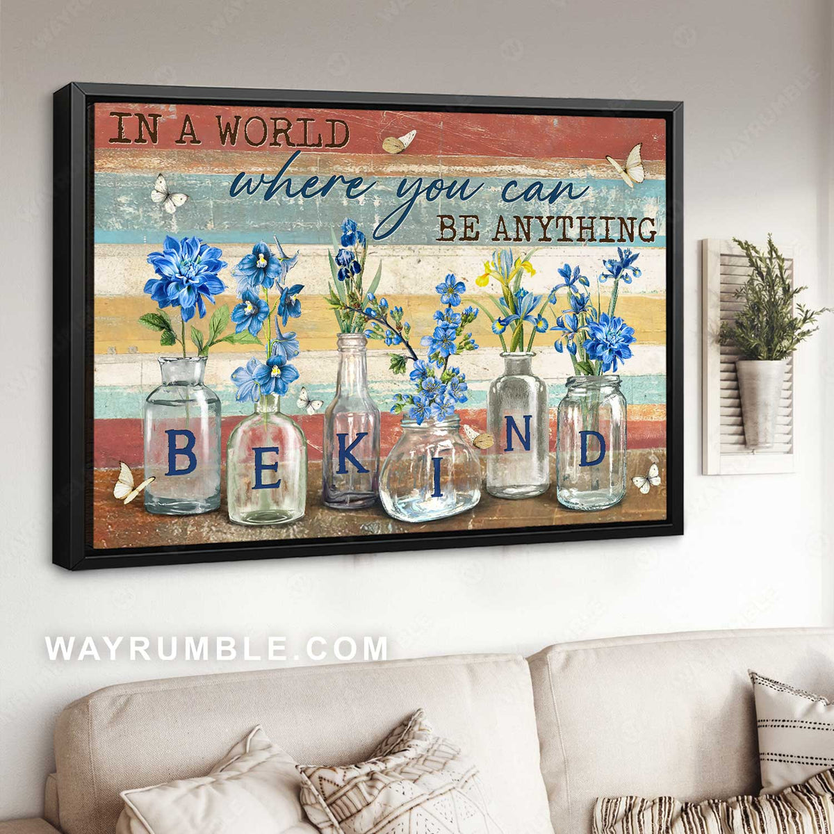 Blue flower drawing, Crystal bottle, In a world where you can be anything - Jesus Landscape Canvas Prints, Home Decor Wall Art