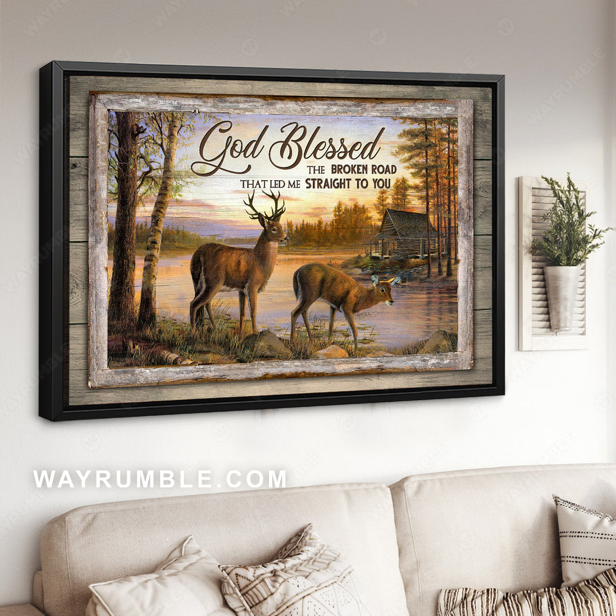 Beautiful sunset, Brown deer, River painting, God blessed the broken road - Jesus Landscape Canvas Prints, Wall Art