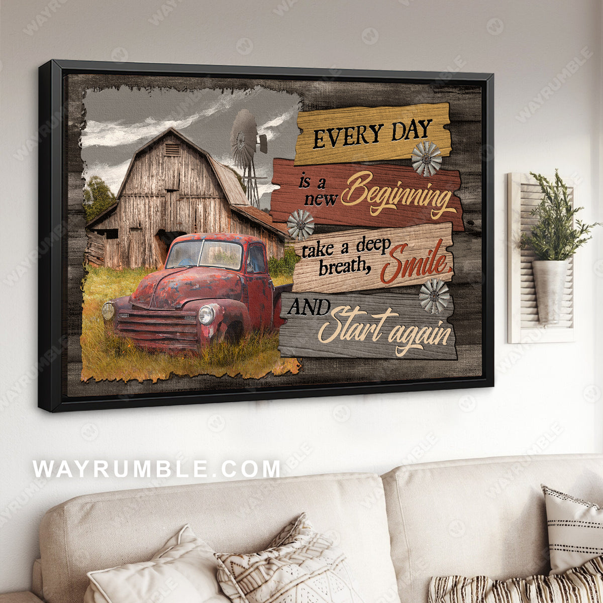 Old ladybug car, Wooden barn, Windmill, Every day is a new beginning - Jesus Landscape Canvas Prints, Christian Wall Art