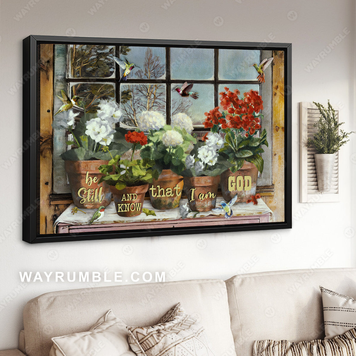 White hydrangea, Colorful hummingbird, Poppy, Be still and know that I am God - Jesus Landscape Canvas Prints, Christian Wall Art