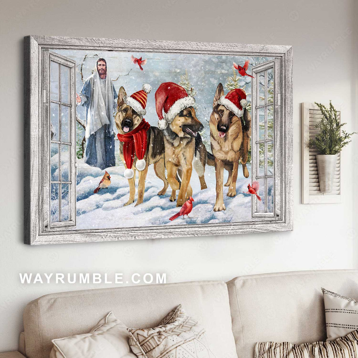 Christmas hat, German Shepherd dogs, Jesus painting, Home Decoration - Jesus Landscape Canvas Prints, Home Decor Wall Art